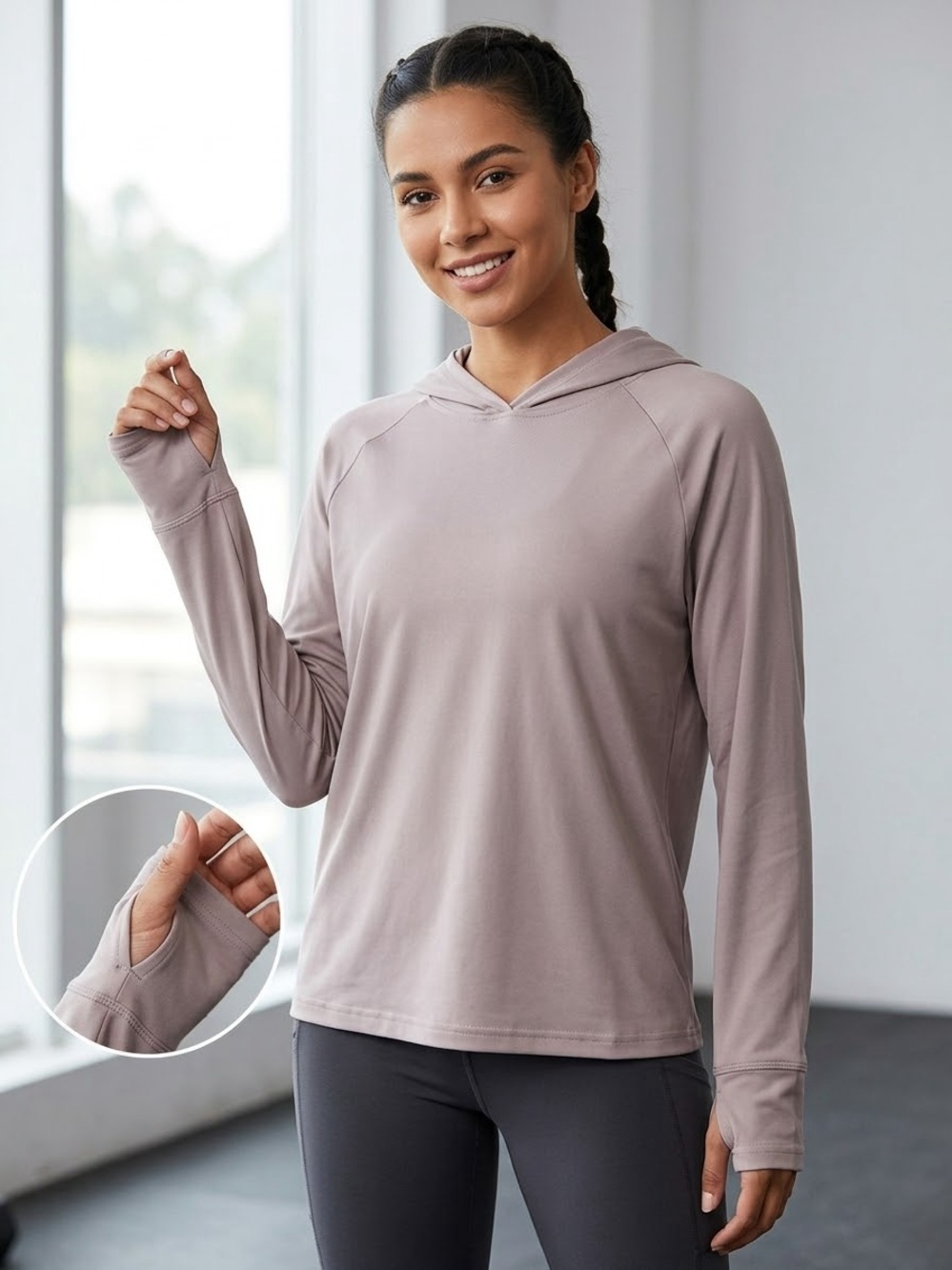 Source Unknown Mauve Hooded Long-Sleeve Top with Thumbhole Cuffs